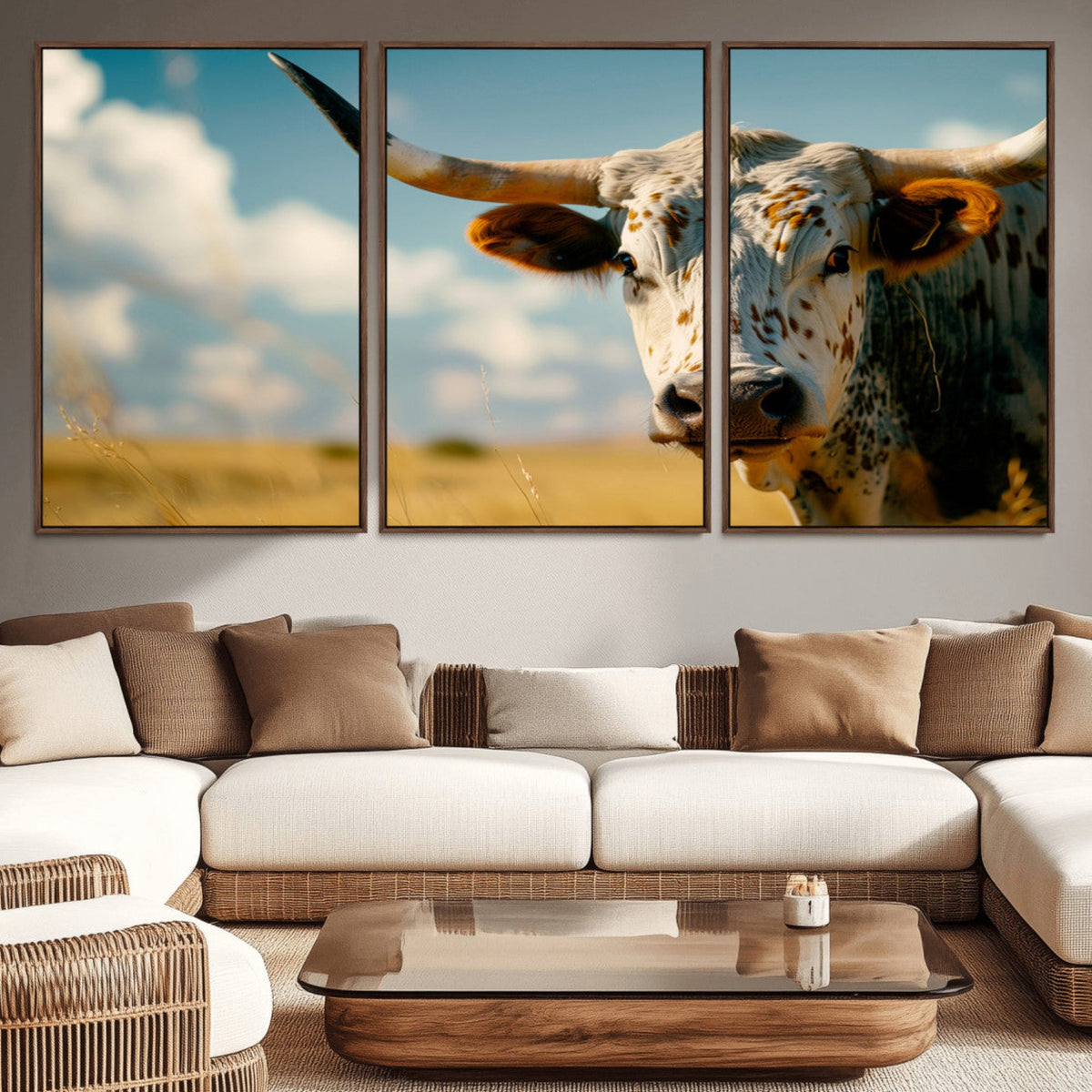 Longhorn in the Prairie - Stunning Ranch-Style Triptych Wall