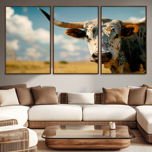 Longhorn in the Prairie - Stunning Ranch-Style Triptych Wall