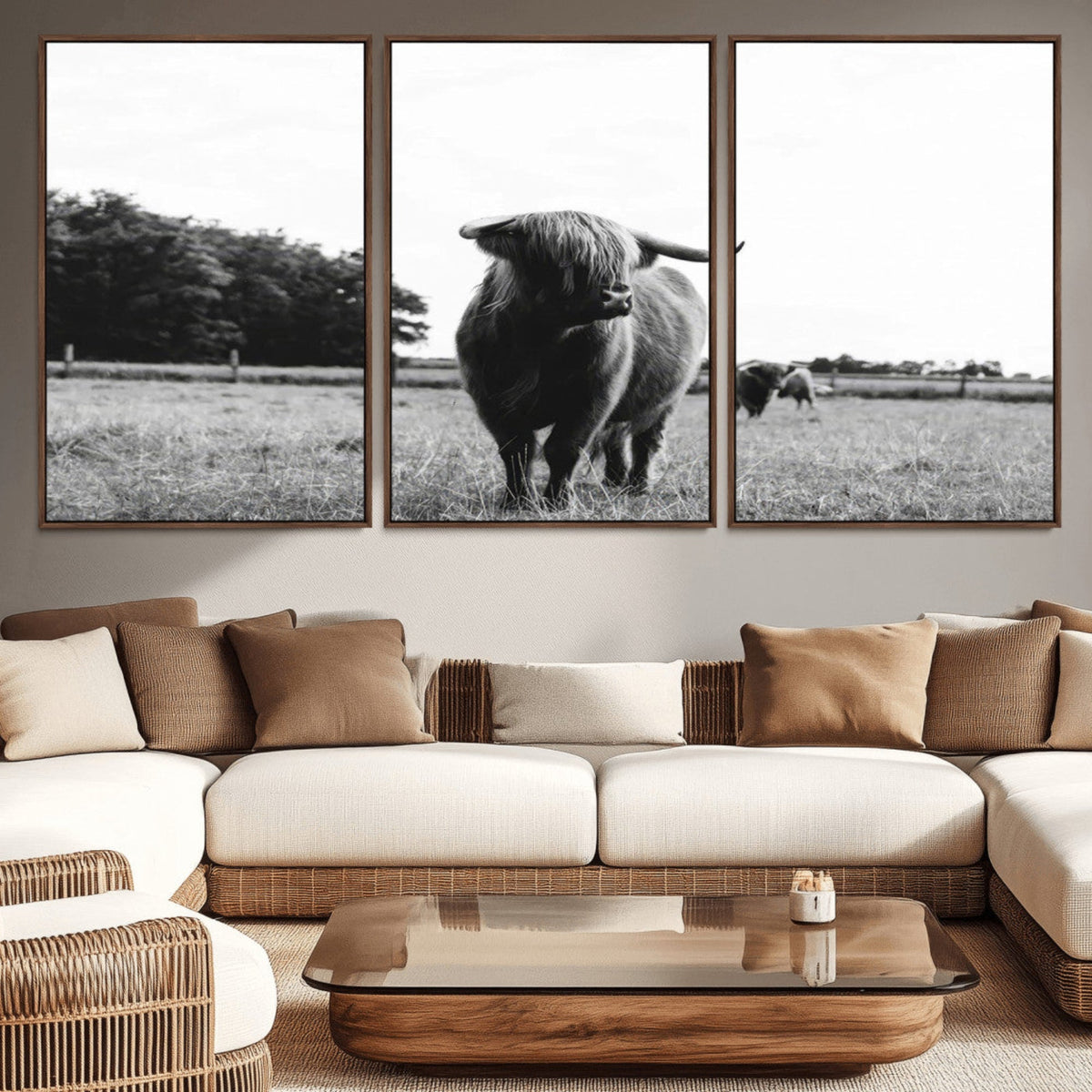 Black and White Highland Cow Wall Art Canvas Print | Rustic