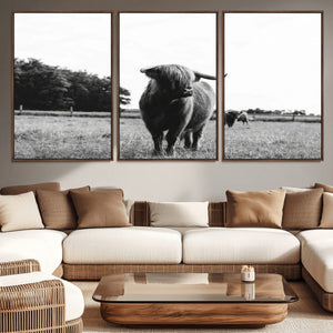Black and White Highland Cow Wall Art Canvas Print | Rustic