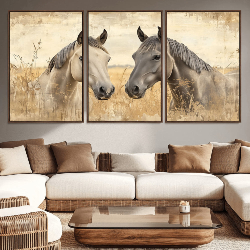Chines Ink Style Grunge Horses Wall Art Canvas Print