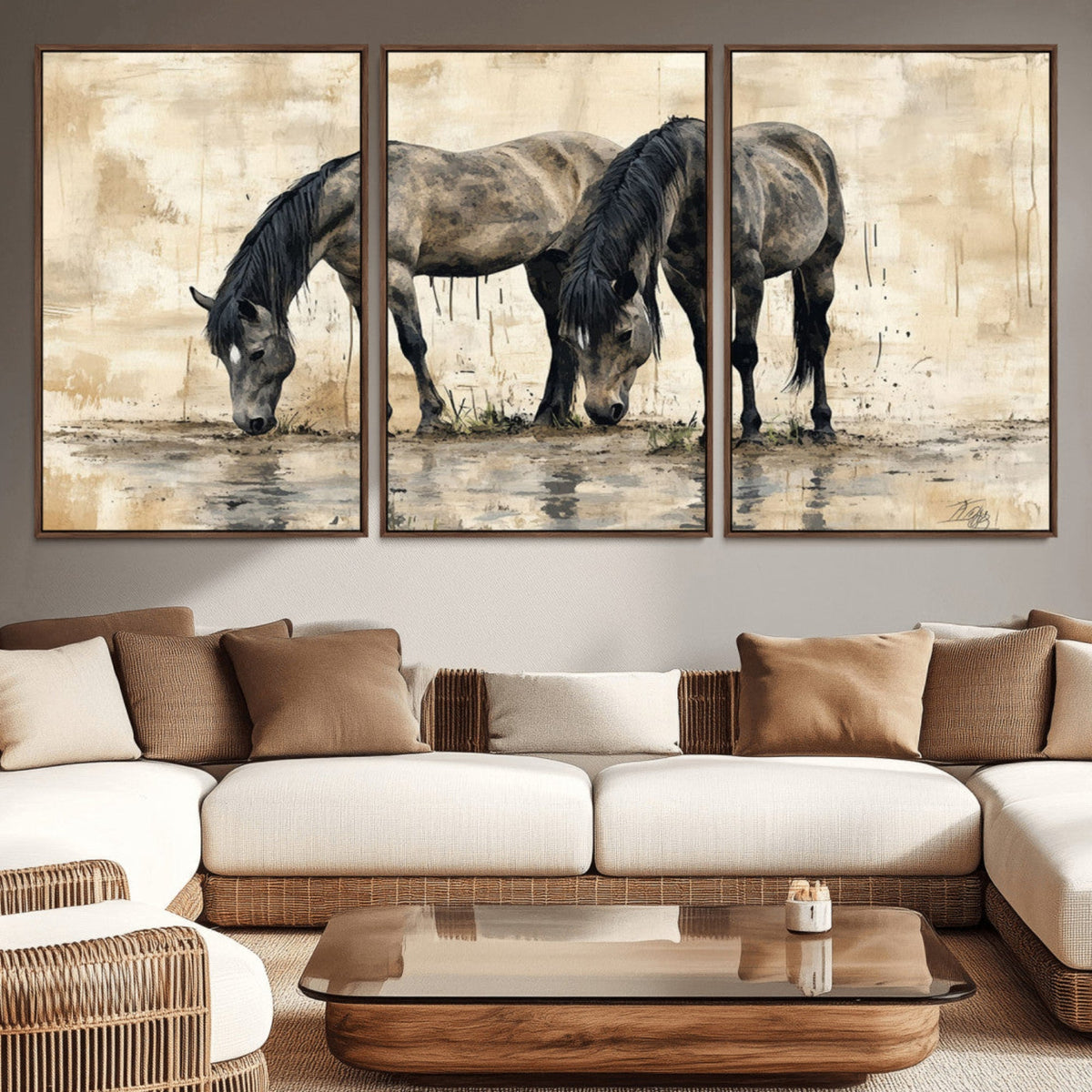 Chinese Style Abstract Black Horses Wall Art Canvas Print -