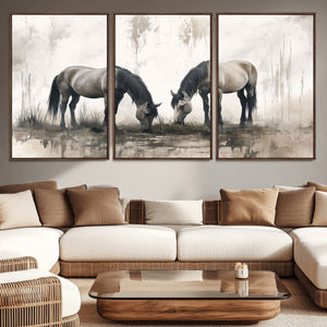 Chines Ink Style Vintage Horses Wall Art Canvas Print for