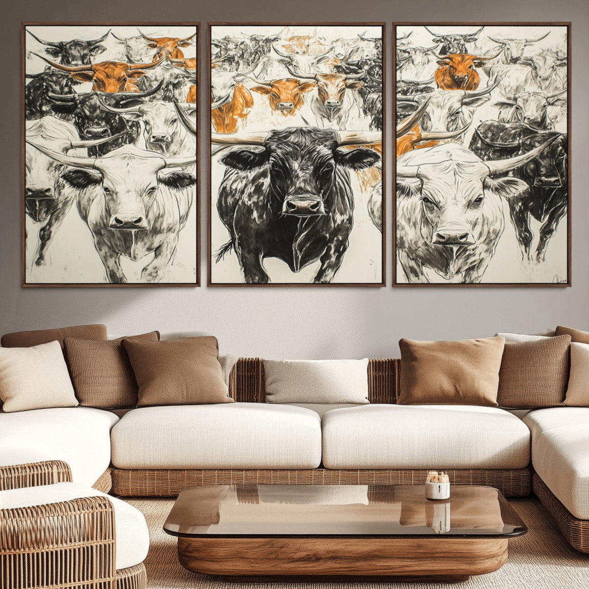 Farmhouse Wall Art | Western Longhorn Cattle Canvas Print |