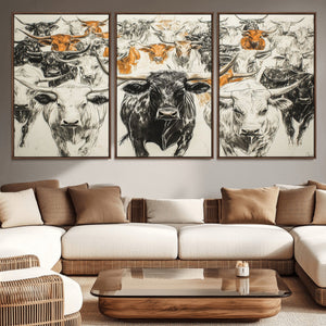 Farmhouse Wall Art | Western Longhorn Cattle Canvas Print |