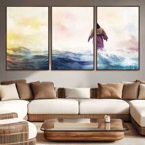 Watercolor Jesus Walking on Water Canvas Print, Christian