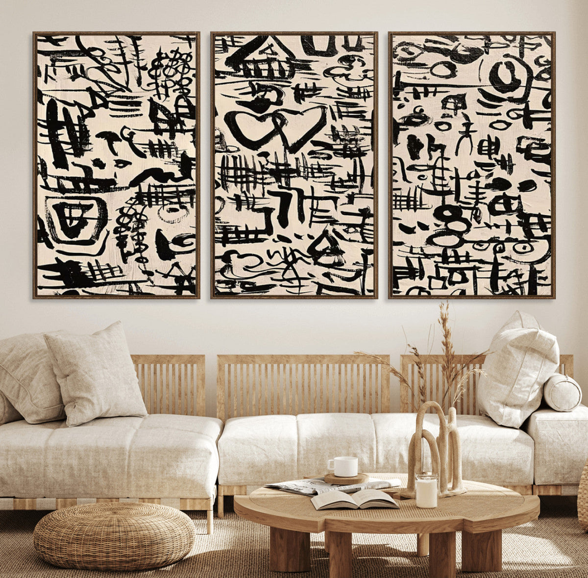 Abstract Love and Chaos Canvas Print, Black Symbols on Beige