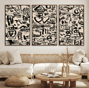 Abstract Love and Chaos Canvas Print, Black Symbols on Beige