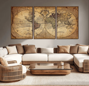 Vintage World Map Wall Art Canvas – Antique Style Push Pin