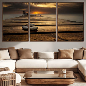 Stones on Wooden Pier at Sunset Canvas Print, Serene Coastal