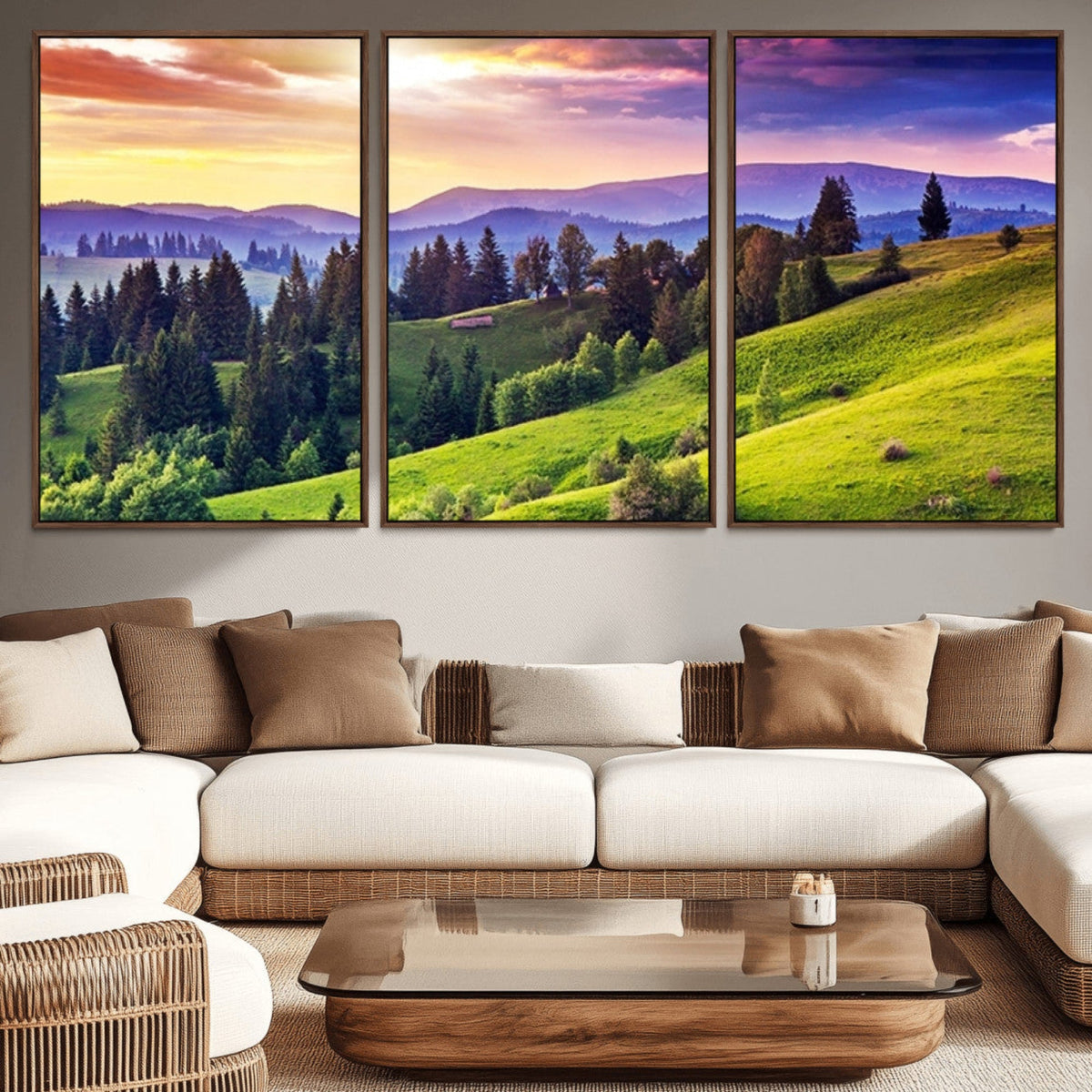 Green Hills and Sunset Wall Art Print - Scenic Landscape
