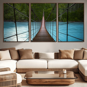 Suspension Bridge Over River Canvas Art | 3-Panel Nature