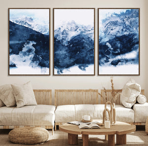 Abstract Blue Mountain Canvas Wall Art – Modern Triptych