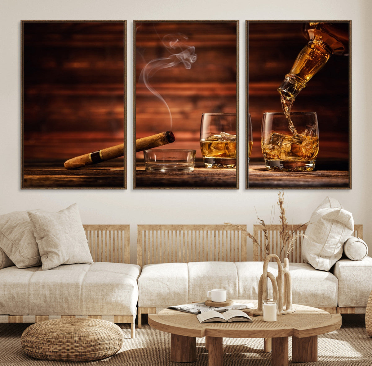 Whiskey and Cigar Wall Art Canvas | 3 Panel Bar Room Decor