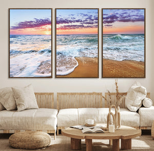 Coastal Sunset Art Beach Canvas Wall Art Print | Ocean Waves