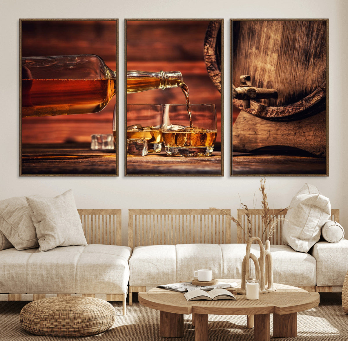 Whiskey and Cigar Canvas Wall Art | 3 Panel Bar Room Decor