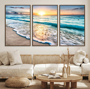 Sunset Beach Waves Canvas Wall Art – 5-Panel Ocean Sunset
