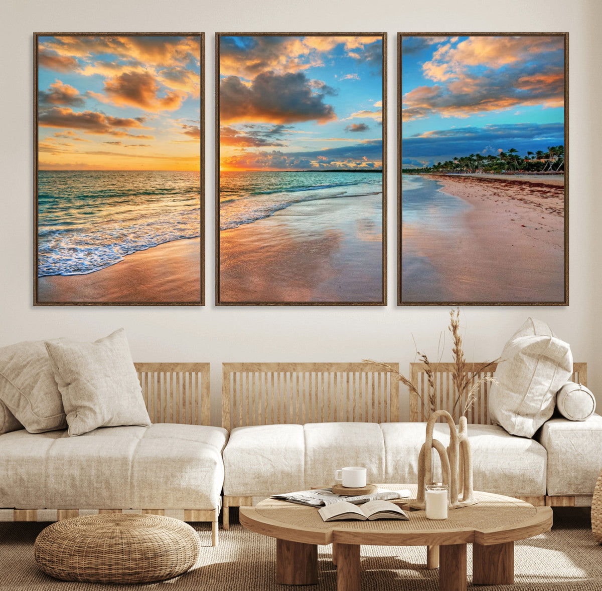 Sunset Ocean Waves on Tropical Beach, 3-Panel Giclee Canvas