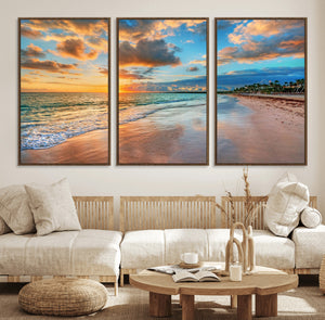 Sunset Ocean Waves on Tropical Beach, 3-Panel Giclee Canvas