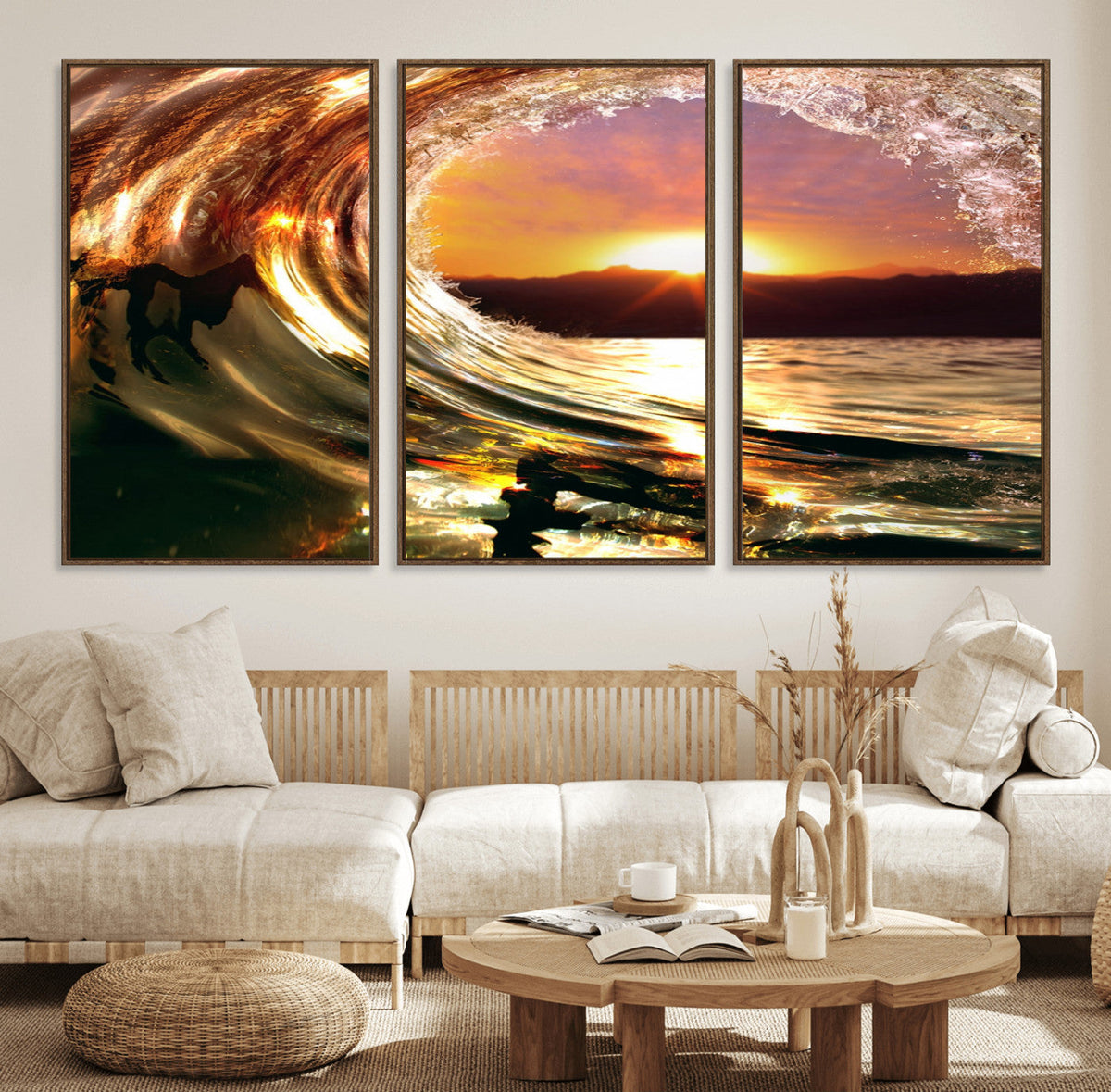 Golden Wave Sunset Triptych Canvas Art, Giclee Canvas Print