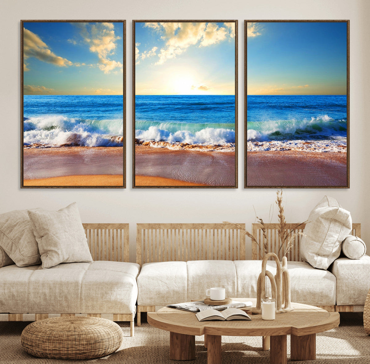 Tropical Beach Sunset Canvas Art, Ocean Waves and Sandy