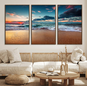 Sunset on Beach Wall Art Ocean Beach Canvas Print