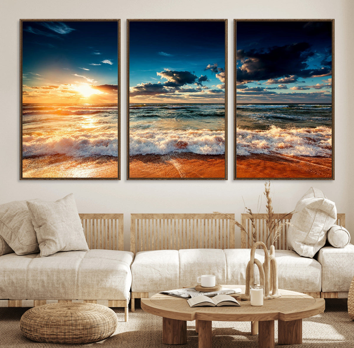 Golden Hour Sunset Over Ocean Waves Wall Art Canvas Print |