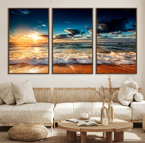 Golden Hour Sunset Over Ocean Waves Wall Art Canvas Print |