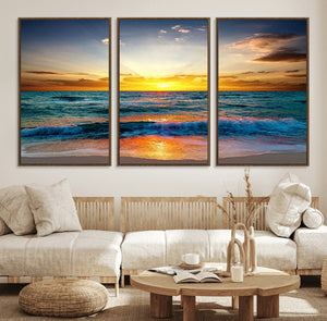 Vibrant Ocean Sunrise Over Golden Beach Waves, Giclee Canvas