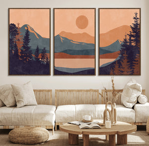 Modern Boho Sunset Canvas Print, Mountain Landscape Triptych