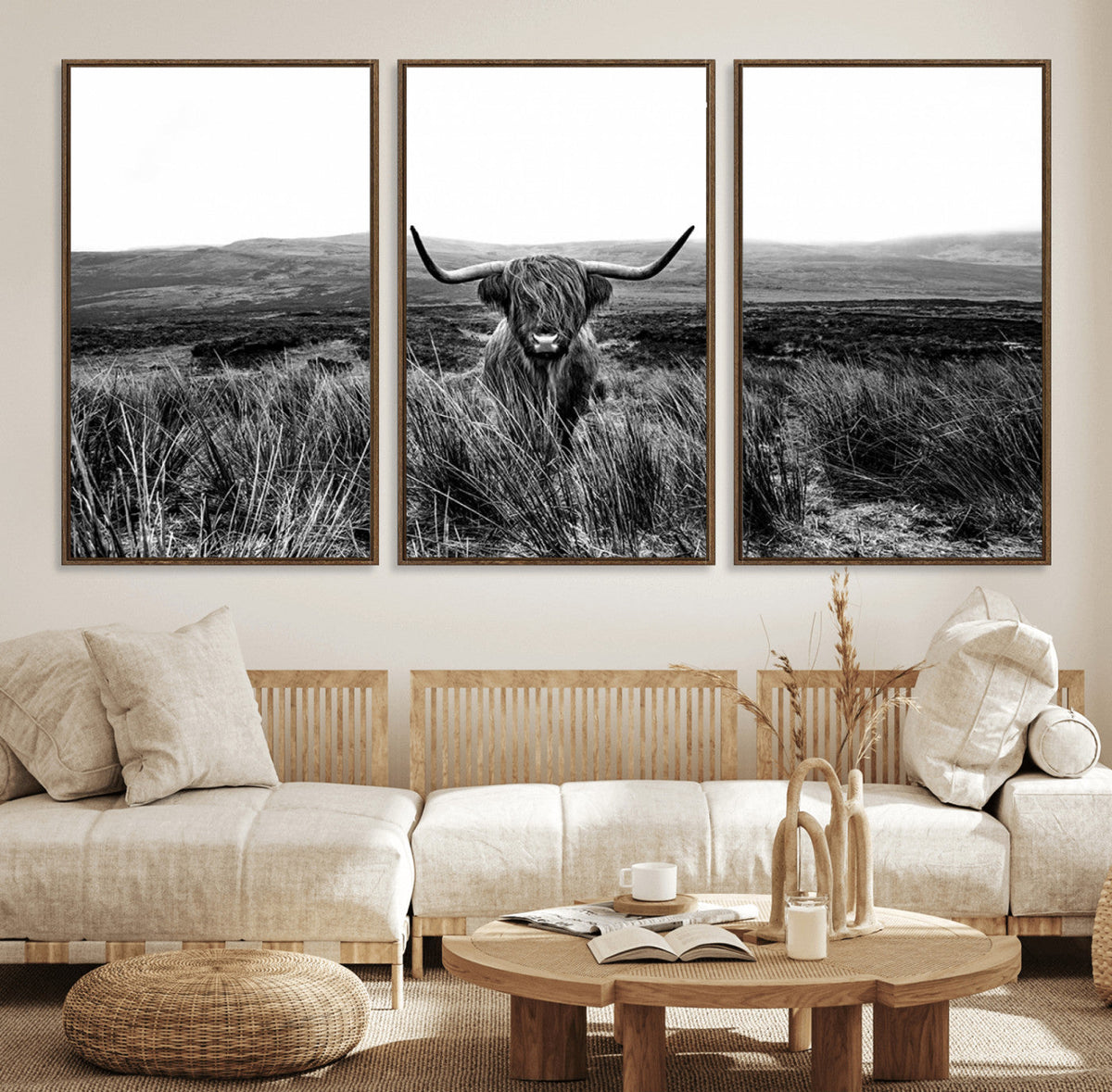 Black and White Highland Cow Canvas Wall Art, Longhorn