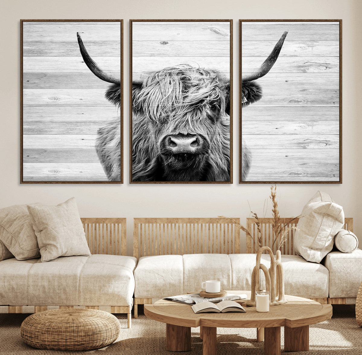 Scottish Highland Cow Cattle Art Print on Wood Background