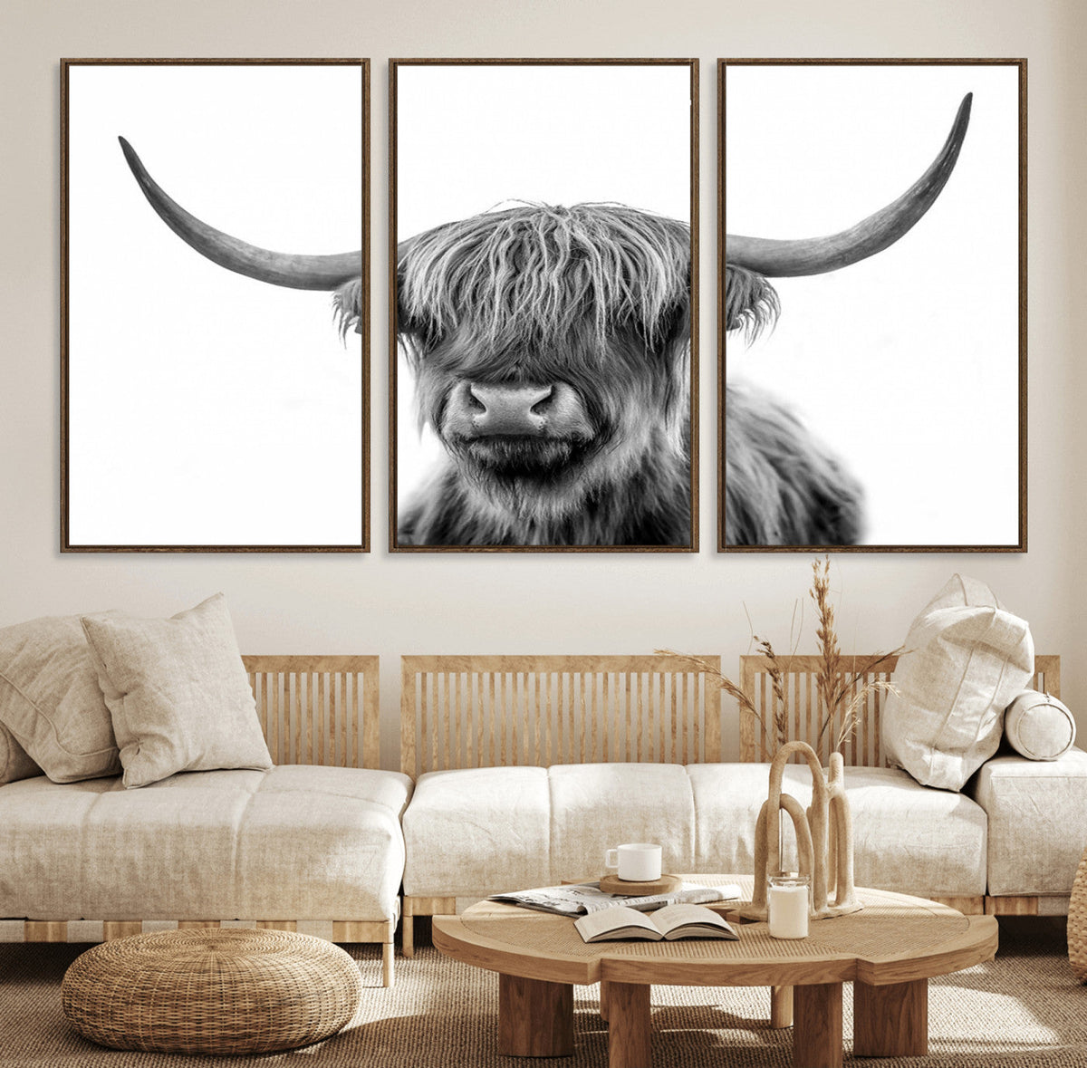 Grayscale Scottish Highland Cow Cattle Art Print Farmhouse