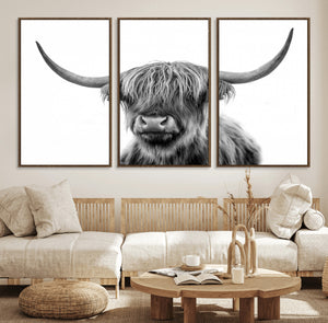 Grayscale Scottish Highland Cow Cattle Art Print Farmhouse