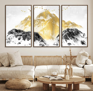 Golden Mountain Triptych Wall Art Canvas Print, Modern
