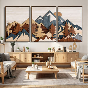 Rustic Abstract Wood Panel Effect Canvas Mountain Range Top