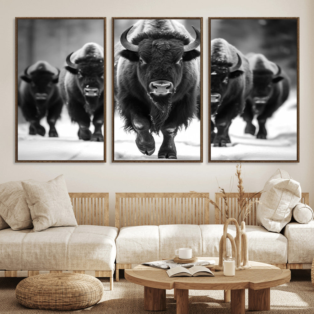 American Bison Art | Buffalo Herd Wall Art Canvas Print, BW
