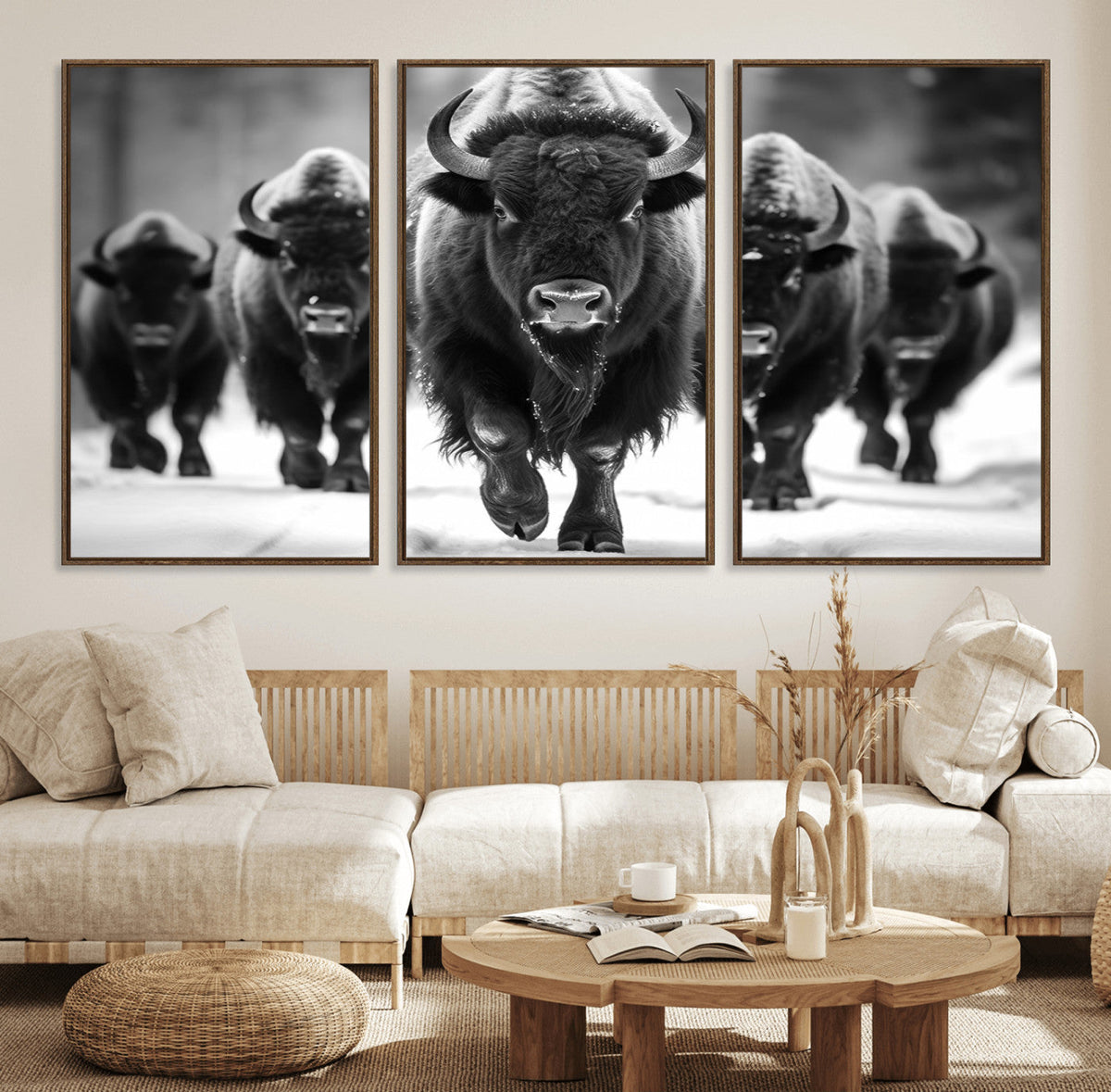 American Bison Art | Buffalo Herd Wall Art Canvas Print, BW