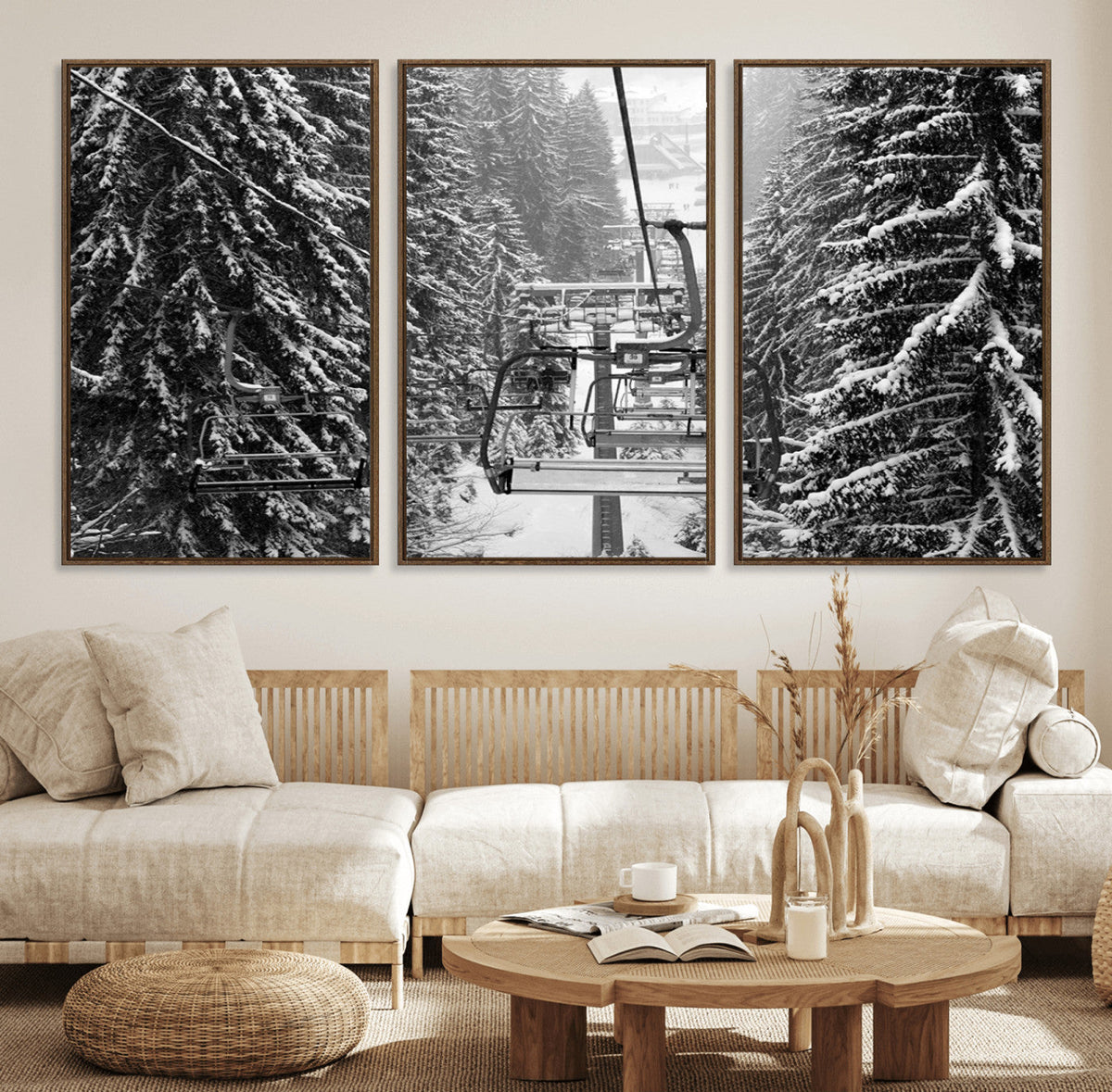 Winter Ski Lift Black and White Canvas Wall Art – Alpine