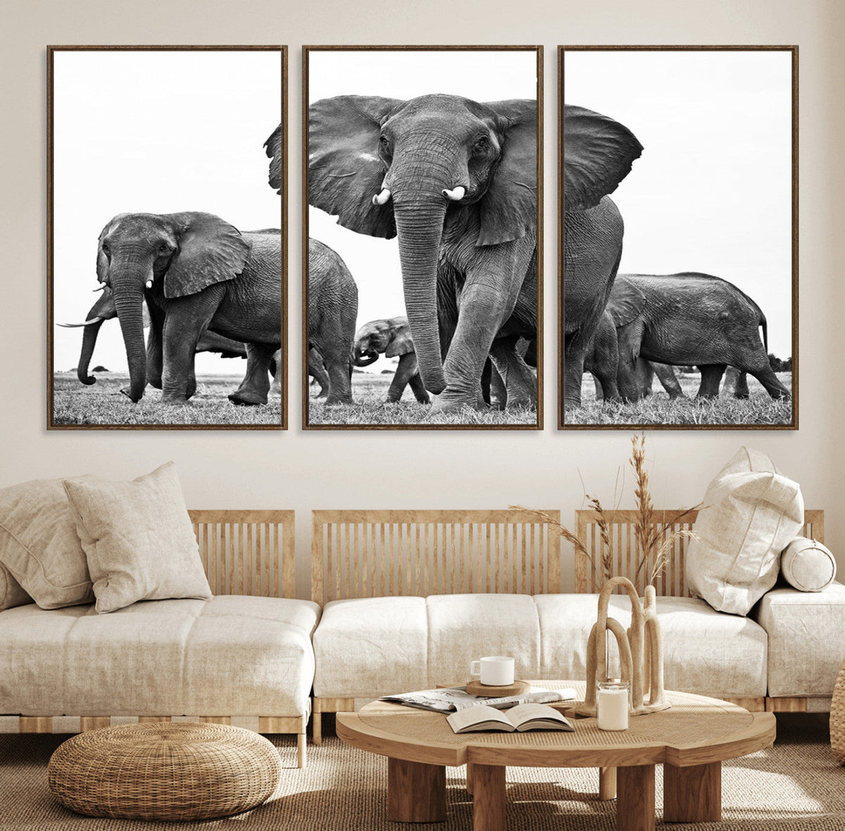 Black White Elephant Family Wall Art Canvas Print