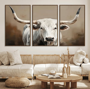 White Longhorn Bull Wall Art Canvas Print – Framed and Ready