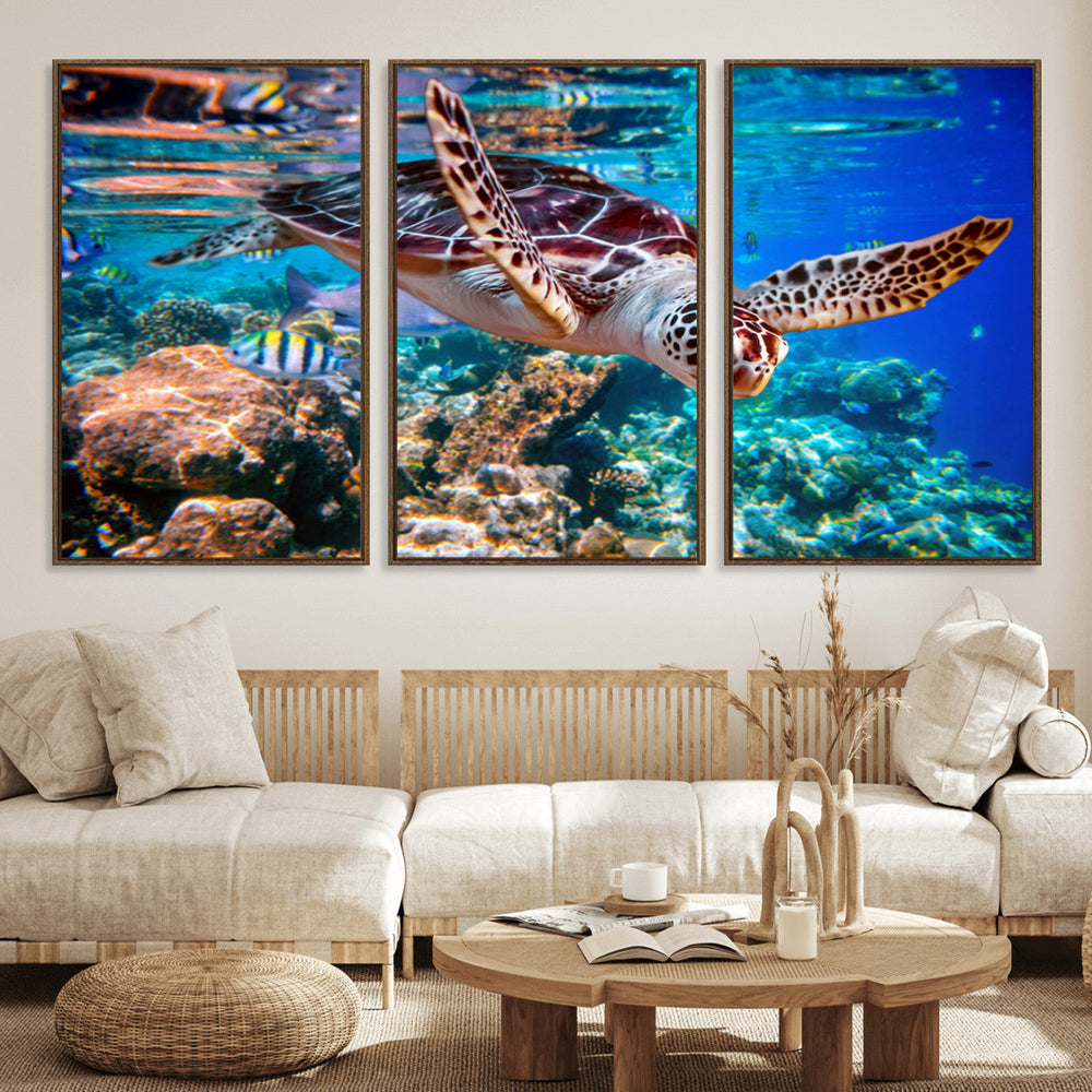 Underwater Coral Reef Sea Turtle Wall Art Canvas Print,