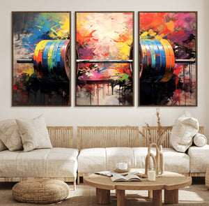 Weightlifting Barbell Art Triptych, Bold Abstract Fitness