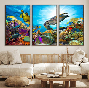 Colorful Coral Reef and Sea Life Turtle Canvas Print,