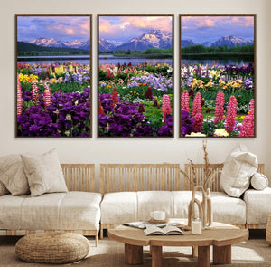 Vibrant Wildflower Garden and Mountain View Giclee Canvas