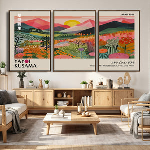 Yayoi Kusama Landscape Canvas Print, Vibrant Floral Mountain Art Print, Framed Botanical Wall Art -