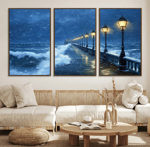 Stormy Ocean Pier Lights Canvas Wall Art Print - Large Moody