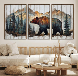 Rustic Grizzly 399 Bear and Mountain Wood Canvas Wall Art -