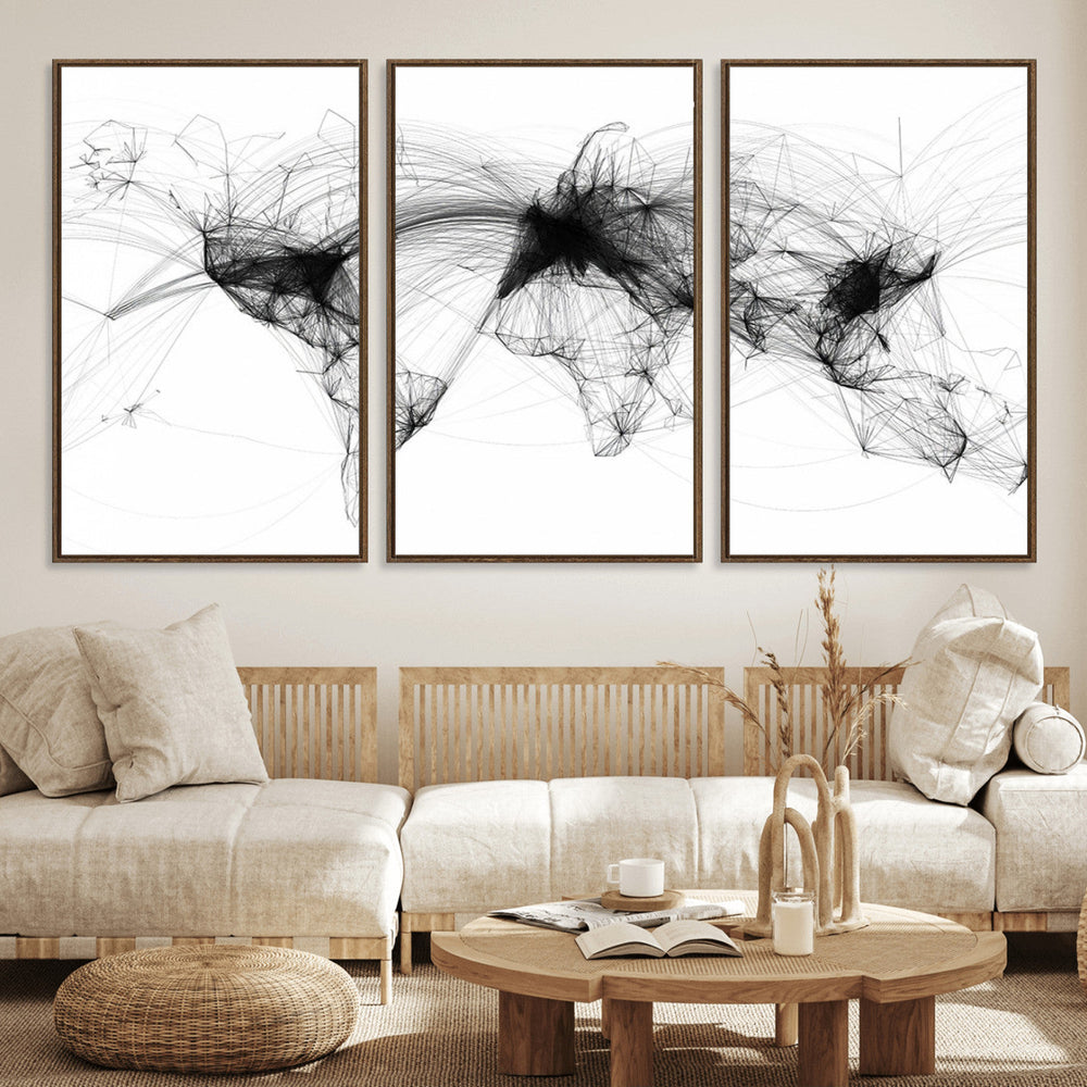 Abstract World Map Wall Art – Framed Geometric Line Canvas