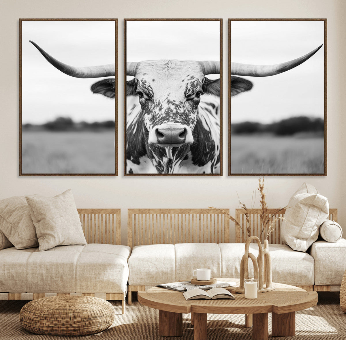 Highland Cow Wall Art Canvas Print – Black and White Western